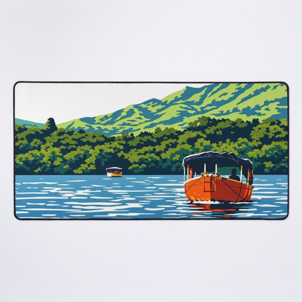 Item preview, Flat Vector Orange Boat on Koyna Backwaters – Minimalist Lake Hills Illustration Satara Maharashtra designed and sold by freezed-frames.