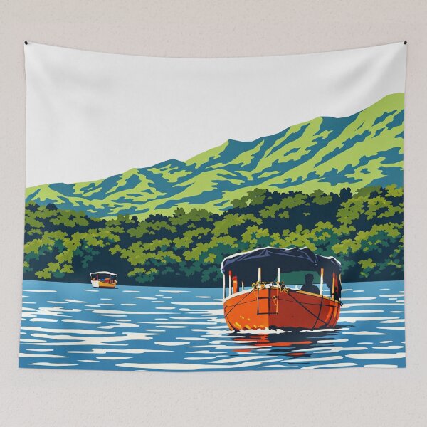 Item preview, Flat Vector Orange Boat on Koyna Backwaters – Minimalist Lake Hills Illustration Satara Maharashtra designed and sold by freezed-frames.