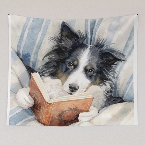 Item preview, Cute border collie dog reading a book in a bed designed and sold by FlowerFolie.