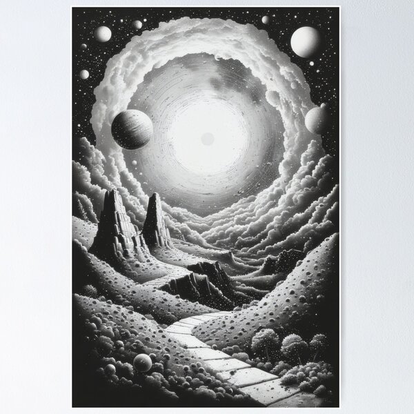 Item preview, Black and white fantasy landscape of a distant world designed and sold by Mianku | Für das Leben.