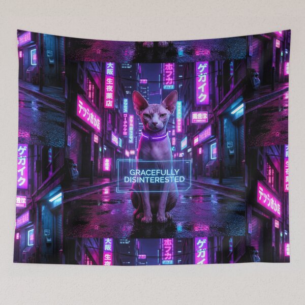 Item preview, Gracefully Disinterested - Cyberpunk Sphynx Cat in Neon Tokyo designed and sold by AngelBlessing.