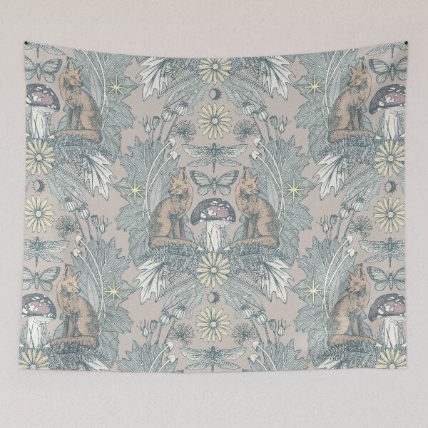 Item preview, cottagecore fox damask oyster dust designed and sold by scrummy.