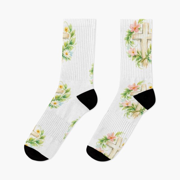 Item preview, Whimsical Spring Cross with Vine Leaves & Flowers designed and sold by FunFitLife Studio.