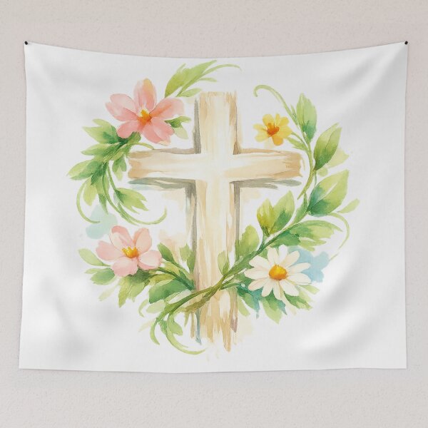 Item preview, Whimsical Spring Cross with Vine Leaves & Flowers designed and sold by FunFitLife Studio.