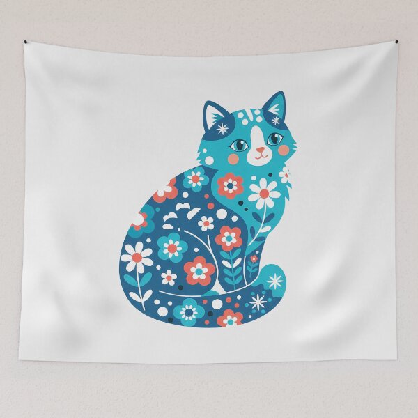 Item preview, Cute Floral Longhaired Kitten in Scandinavian Folk Art by heidiannemorris © designed and sold by FOLK ART FUSION.