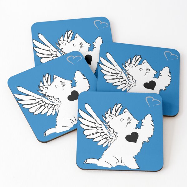 Item preview, White Dog Angel with Black Heart on Blue Background designed and sold by Digitalmyth's Designs.