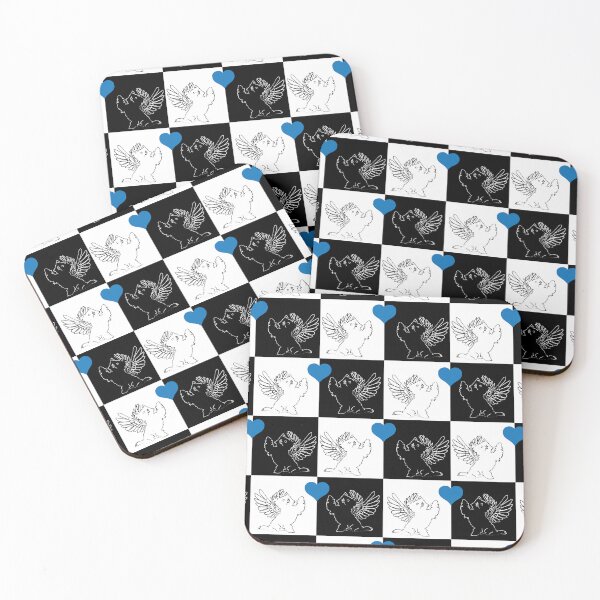 Item preview, Black & White Angel Dogs with Blue Hearts on Black & White Checkered Background designed and sold by Digitalmyth's Designs.