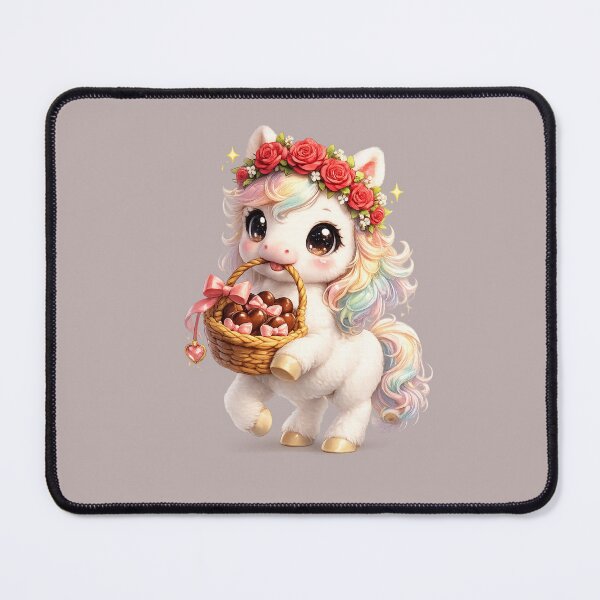 Item preview, Cute Chibi White Pony with Rose Flower Crown and Chocolate Hearts designed and sold by Melody Printable.