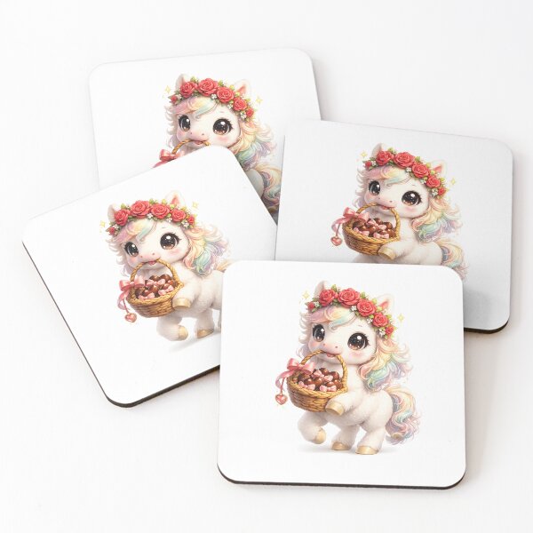 Item preview, Cute Chibi White Pony with Rose Flower Crown and Chocolate Hearts designed and sold by Melody Printable.