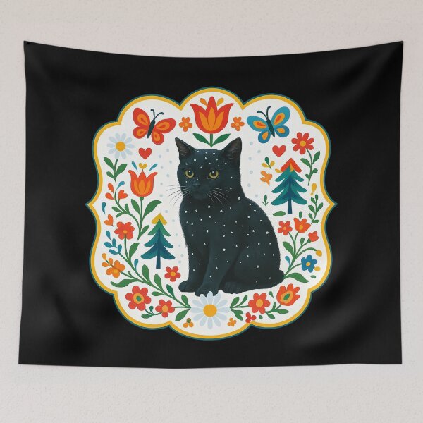 Item preview, Winter Whiskers – Black Kitten in Snowfall - Scandinavian Folk Art by heidiannemorris © designed and sold by FOLK ART FUSION by heidiannemorris.