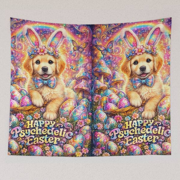 Item preview, Happy Psychedelic Easter Puppy – Trippy Bunny Dog Art with Rainbow, Mushrooms & Colorful Eggs designed and sold by Dominik1994.