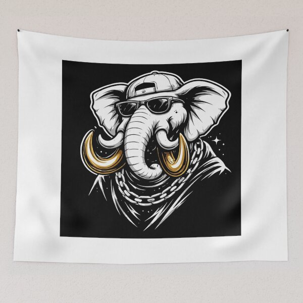 Item preview, Modern Elephant Illustration – Monochrome Elephant Head with Gold Tusks (Street Art Style) designed and sold by Bassui.