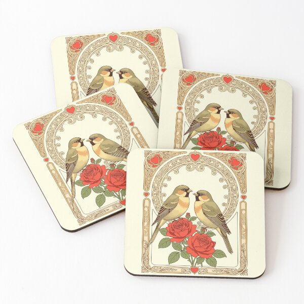 Item preview, Affectionate Birds and Red Roses Art Nouveau Illustration designed and sold by taiche.