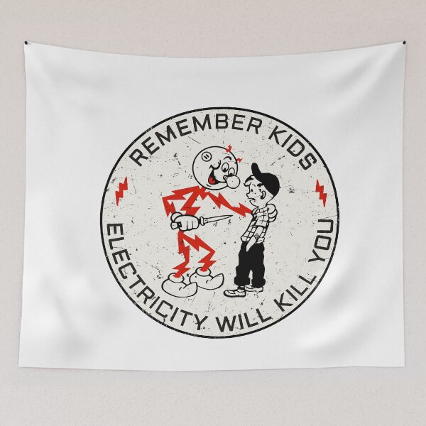 Item preview, Reddy Kilowatt vintage sparky, funny electrician, remember kids electricity will kill you, electric hazard warning, lineman hard hat  designed and sold by CharmedVille.