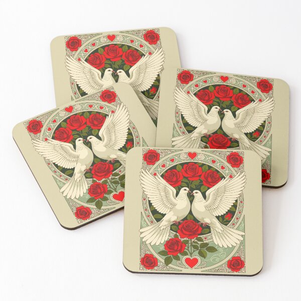 Item preview, White Doves and Red Roses Art Nouveau Illustration designed and sold by taiche.