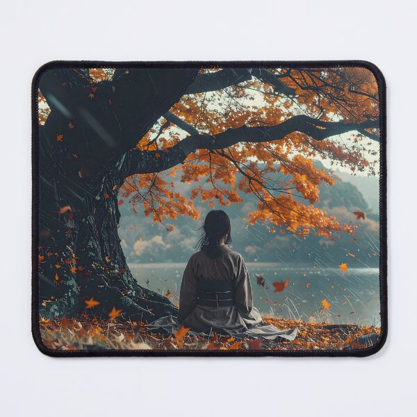 Item preview, Japanese autumn art – Zen illustration of a meditating woman under a maple tree designed and sold by Schoenenwald - Illustrations Uniques et Originales.