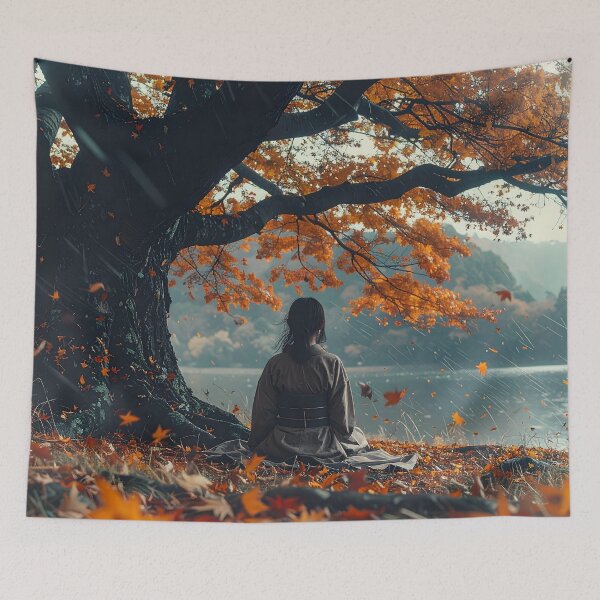 Item preview, Japanese autumn art – Zen illustration of a meditating woman under a maple tree designed and sold by Schoenenwald - Illustrations Uniques et Originales.