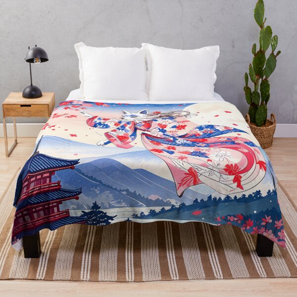 Item preview, Japanese Kitsune in a sakura kimono – Poetic Japanese art illustration designed and sold by Schoenenwald - Illustrations Uniques et Originales.