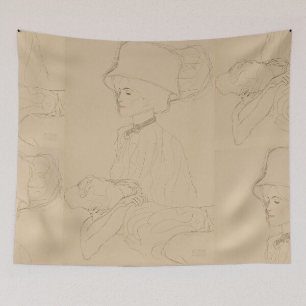 Item preview, Bildnisskizze Mit Hohem Hut Und Liegende Frau by Gustav Klimt: Elegant Line Art Poster designed and sold by artofuniverse.