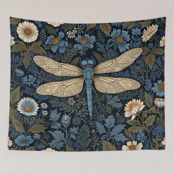 Item preview, Vintage blue white floral dragonfly pattern design designed and sold by hollycooper.