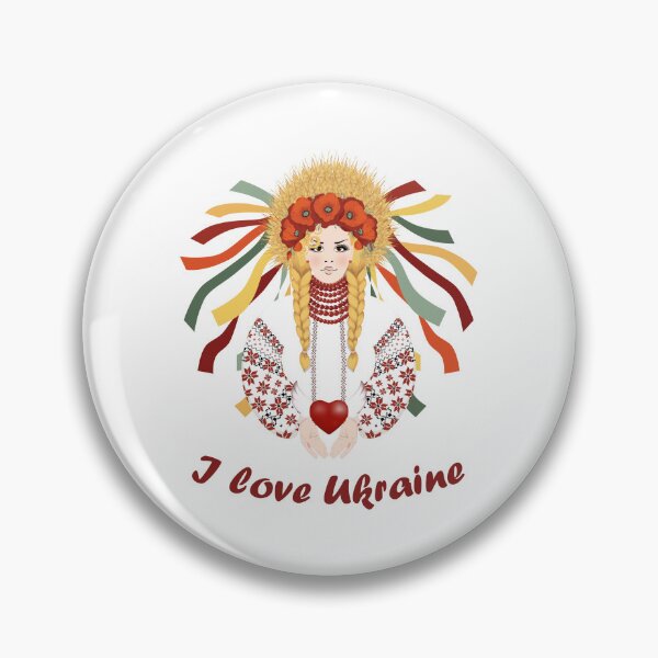 Item preview, I love Ukraine. Beautiful blond in Ukrainian embroidered dress with braided hair and wreath of wheat ears, red poppies and ribbons designed and sold by KosaUA.