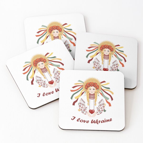 Item preview, I love Ukraine. Beautiful blond in Ukrainian embroidered dress with braided hair and wreath of wheat ears, red poppies and ribbons designed and sold by KosaUA.