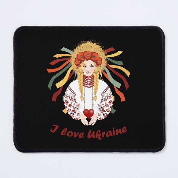 Item preview, I love Ukraine. Beautiful blond in Ukrainian embroidered dress with braided hair and wreath of wheat ears, red poppies and ribbons designed and sold by KosaUA.