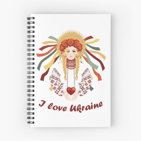 Item preview, I love Ukraine. Beautiful blond in Ukrainian embroidered dress with braided hair and wreath of wheat ears, red poppies and ribbons designed and sold by KosaUA.