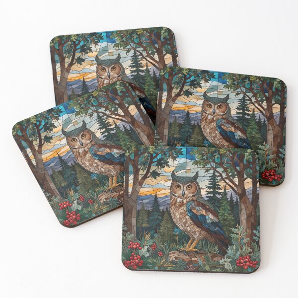 Item preview, Retro owl stain glass beautiful forest mountain range designed and sold by hollycooper.