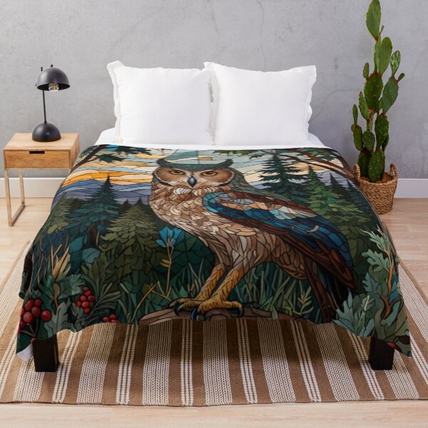 Item preview, Retro owl stain glass beautiful forest mountain range designed and sold by hollycooper.