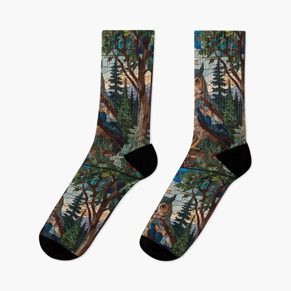 Item preview, Retro owl stain glass beautiful forest mountain range designed and sold by hollycooper.