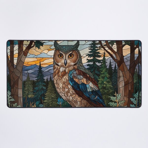 Item preview, Retro owl stain glass beautiful forest mountain range designed and sold by hollycooper.