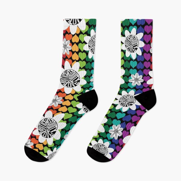 Item preview, White Peace Love Justice Equity Flowers on Rainbow Hearts with Black designed and sold by Digitalmyth's Designs.