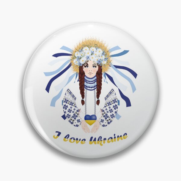 Item preview, I love Ukraine. Beautiful brunette in Ukrainian embroidered dress with braided hair and wreath of wheat ears, wildflowers and ribbons designed and sold by KosaUA.