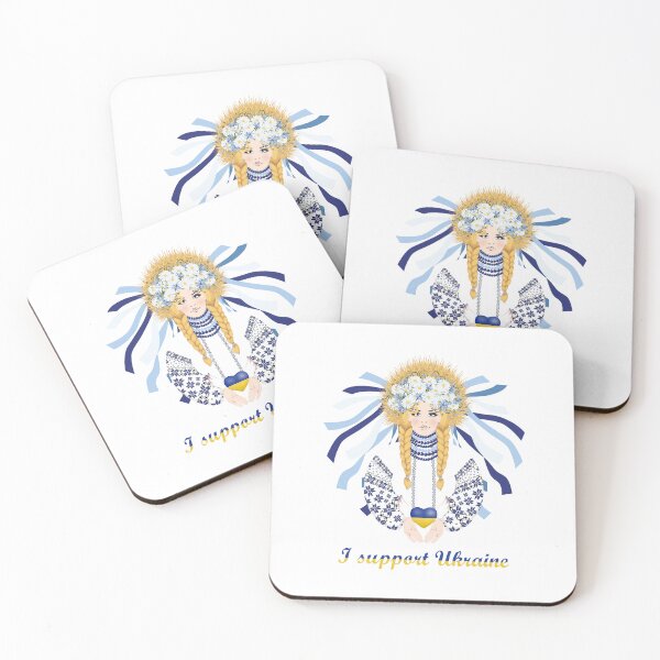 Item preview, I support Ukraine. Beautiful blonde in Ukrainian embroidered dress with braided hair and a wreath of wheat ears, wildflowers and ribbons designed and sold by KosaUA.