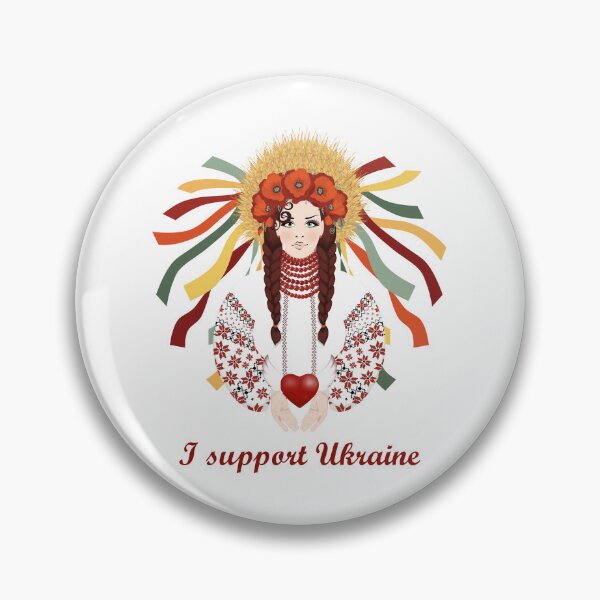 Item preview, I support Ukraine. Beautiful brunette in Ukrainian embroidered dress with braided hair and wreath of wheat ears, red poppies and ribbons designed and sold by KosaUA.