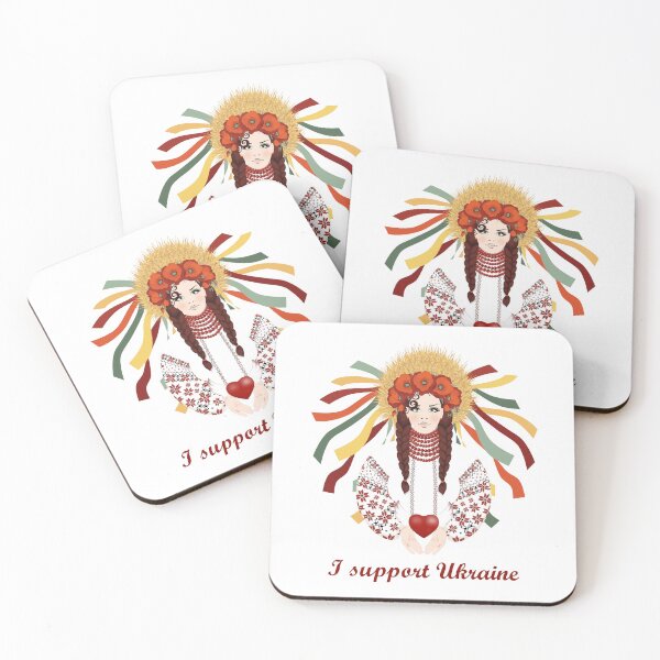 Item preview, I support Ukraine. Beautiful brunette in Ukrainian embroidered dress with braided hair and wreath of wheat ears, red poppies and ribbons designed and sold by KosaUA.
