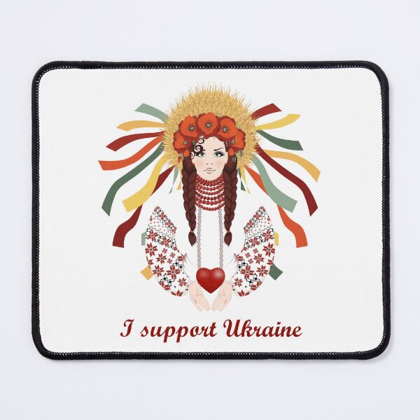 Item preview, I support Ukraine. Beautiful brunette in Ukrainian embroidered dress with braided hair and wreath of wheat ears, red poppies and ribbons designed and sold by KosaUA.