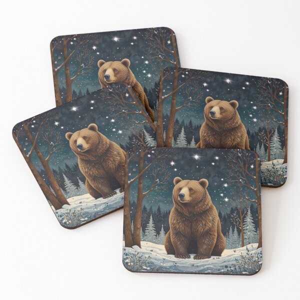 Item preview, Retro brown Bear in winter night sky woodland scene designed and sold by hollycooper.