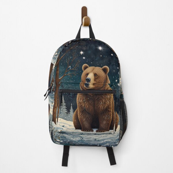 Item preview, Retro brown Bear in winter night sky woodland scene designed and sold by hollycooper.