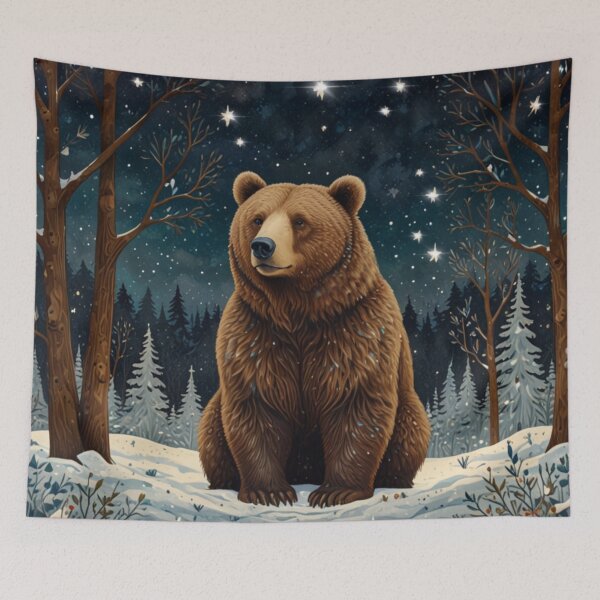 Item preview, Retro brown Bear in winter night sky woodland scene designed and sold by hollycooper.