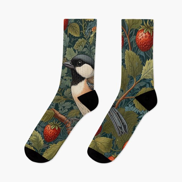 Item preview, Vintage cute bird Chickadee boho botanical strawberries  designed and sold by hollycooper.