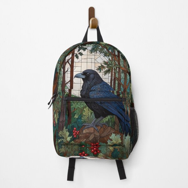 Aperçu de l'œuvre Vitrail rétro oiseau noir corbeau art verdure de Noël créée et vendue par hollycooper.