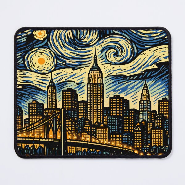 Item preview, Starry night over New York City skyline linoprint designed and sold by petalecho.