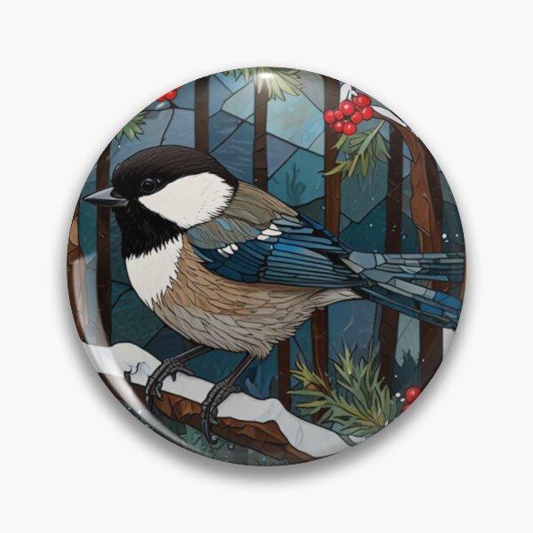 Item preview, Christmas chickadee bird snowy woodland scene stain glass art designed and sold by hollycooper.