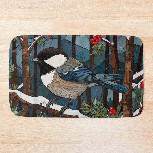 Item preview, Christmas chickadee bird snowy woodland scene stain glass art designed and sold by hollycooper.