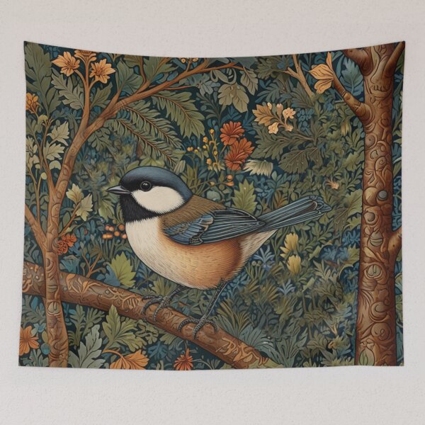 Item preview, Chickadee Bird in woodland landscape art nouveau stlye designed and sold by hollycooper.