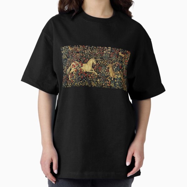 Medieval Unicorn Midnight Floral Tapestry Oversized T-Shirt