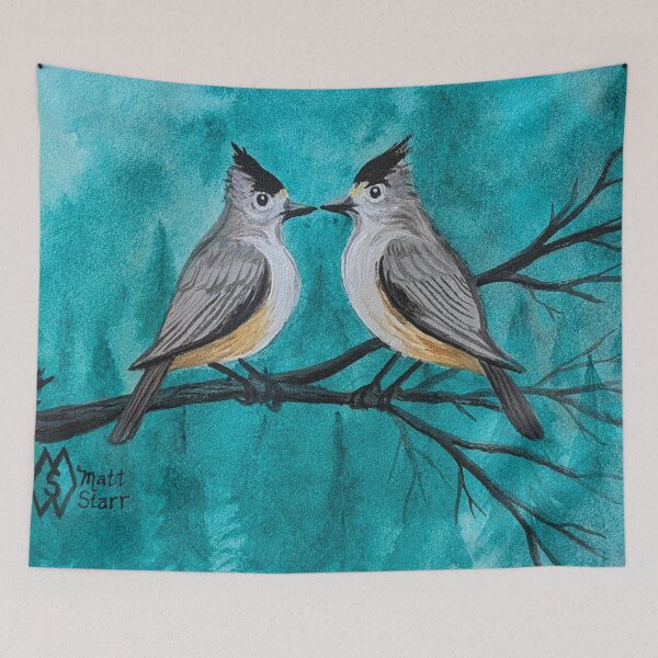 Item preview, Black-crested titmice in the evergreen forest  designed and sold by Matt Starr Fine Art .