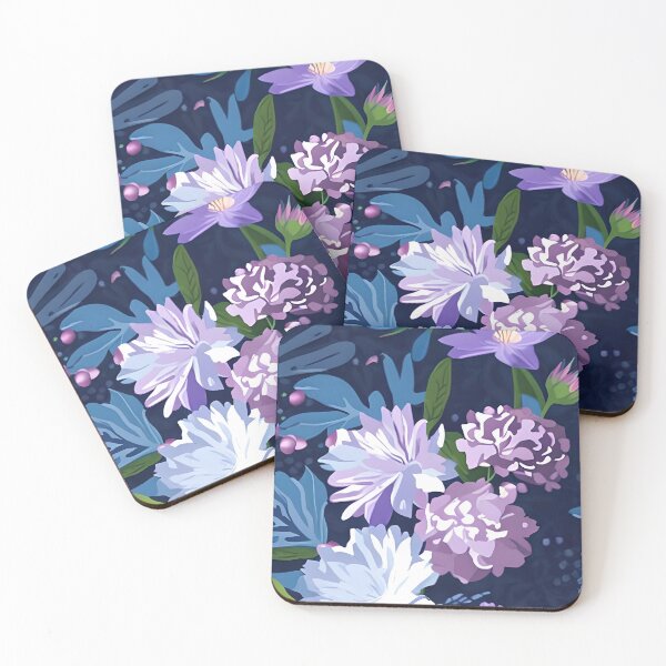 Item preview, Large floral patterns in mauve, blue and purple against a dark background designed and sold by Halfstone.